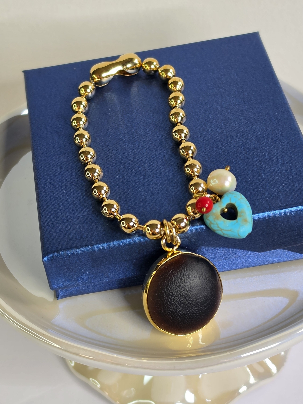 Bracelet Gold Tone Ball Beaded Charm with Turquoise Heart and Brown Charm
